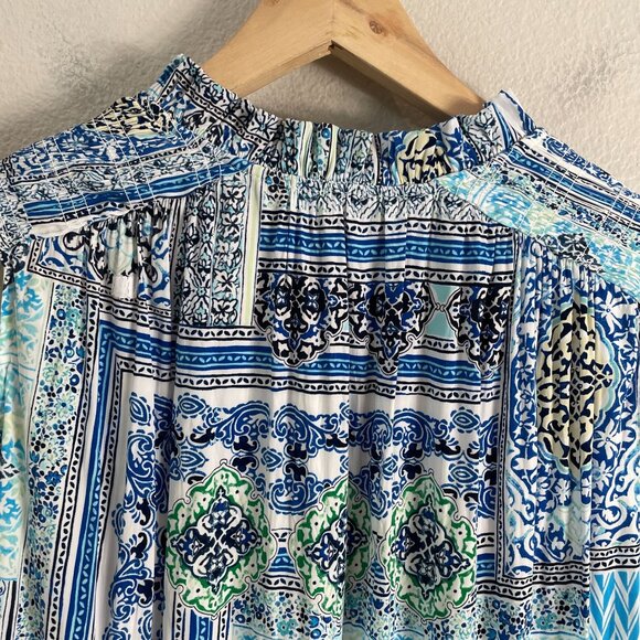 Chicos Womens Large Blue White Maxi Dress Sleeveless Boho Patchwork Tassel Tie - Picture 14 of 14